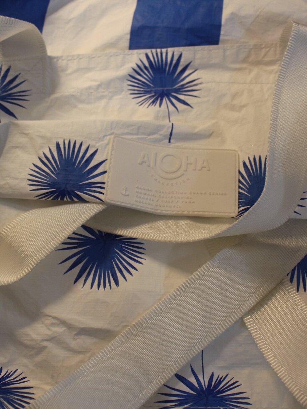 ALOHA Collection Color Series Reversible Tote Blue White Cabana Stripe Fan Palm
